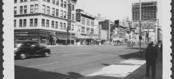 W side Broad looking NW from SE corner Lafayette toward Branford shows Prudential’s headquarters under construction in distance.