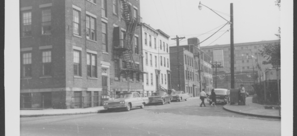 Looking NW at W side Liberty St from corner Lafayette St, #19-7, no longer exists as a street and is now this parking lot